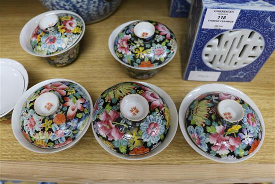 A set of six Chinese thousand flower bowls and covers, a blue and white Kamcheng and two blue and white pillows lidded jar 25cm